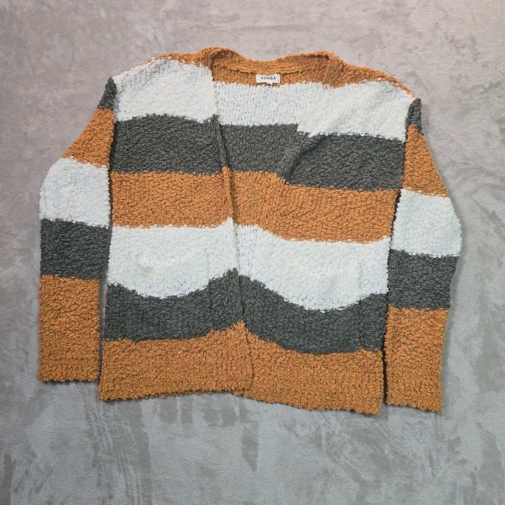 Popcorn Knit Colorblock Open Front Cardigan Mustard Grey White CESW2221